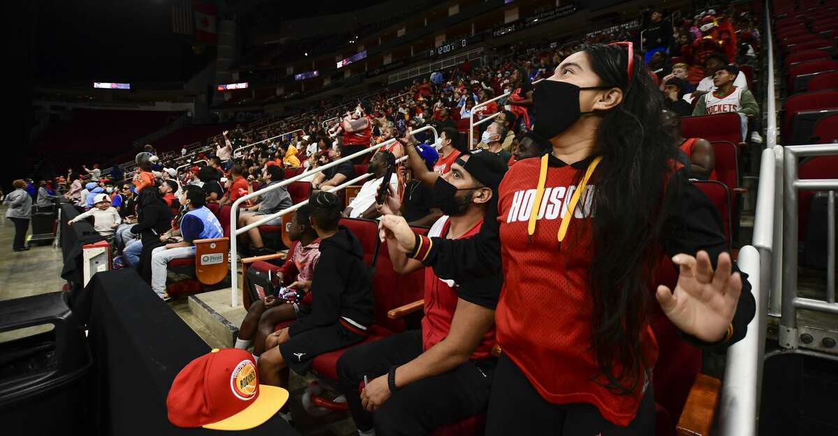 Alma Pedraza tries to get on the dance cam during Houston Rockets open practice in the Toyota Center on Saturday, Oct.16, 2021, in Houston, Texas.