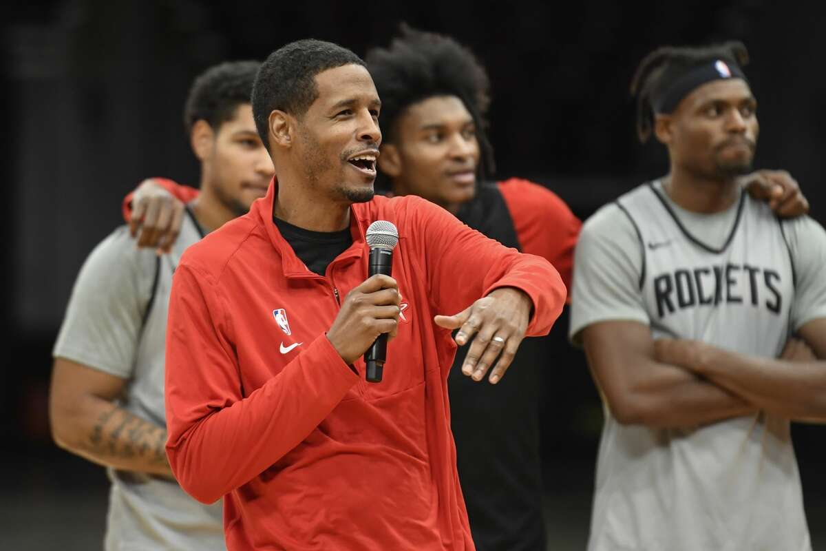 Housing Rockets head coach Stephen Silas talks to the crowd during open practice in the Toyota Center on Saturday, Oct.16, 2021, in Houston, Texas.