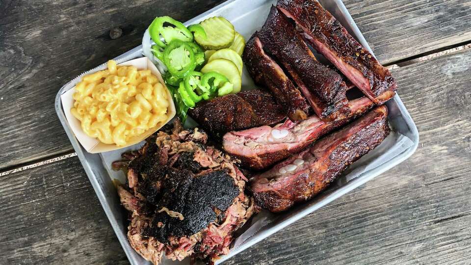 Pulled pork and pork rib tray at CorkScrew BBQ