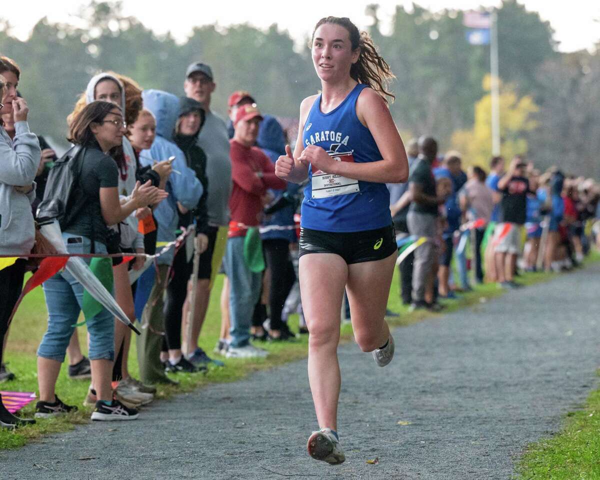With a time of 17:23 Emily Bush, of Saratoga, won the Division 3 girls race at the 39th Annual Burnt Hills Cross Country Invitational meet at the Saratoga State Park on Saturday, Oct. 15, 2021. (Jim Franco/Special to the Times Union)