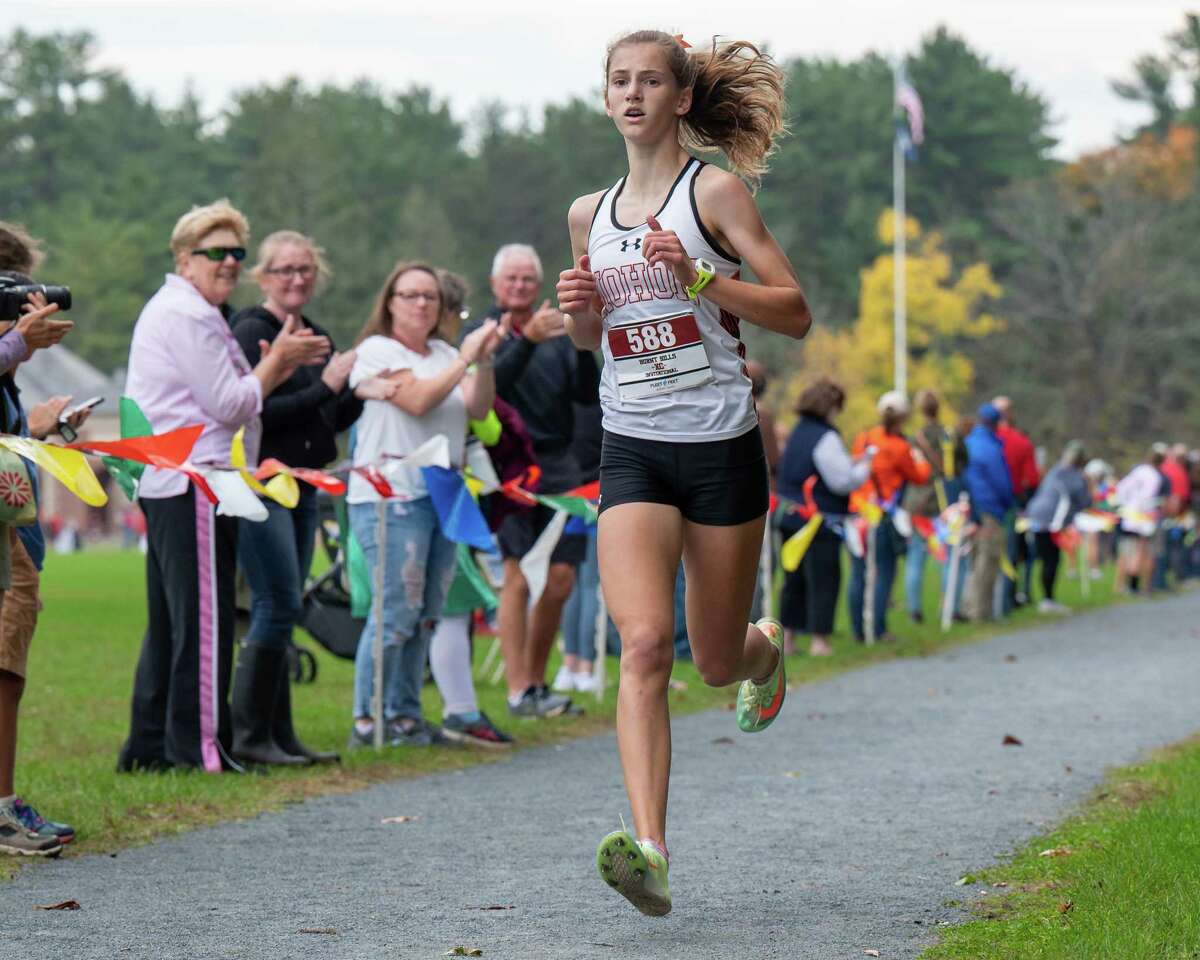 With a time of 18:34.8 Rachel Miller, of Mohonasen, wins the Division 2 girls race at the 39th Annual Burnt Hills Cross Country Invitational meet at the Saratoga State Park on Saturday, Oct. 15, 2021. (Jim Franco/Special to the Times Union)