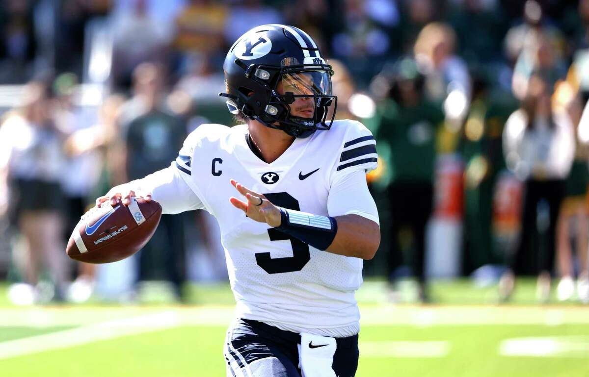 BYU quarterback Jaren Hall (3) looks to throw against Baylor during the first half of an NCAA college football game, Saturday, Oct. 16, 2021, in Waco, Texas.