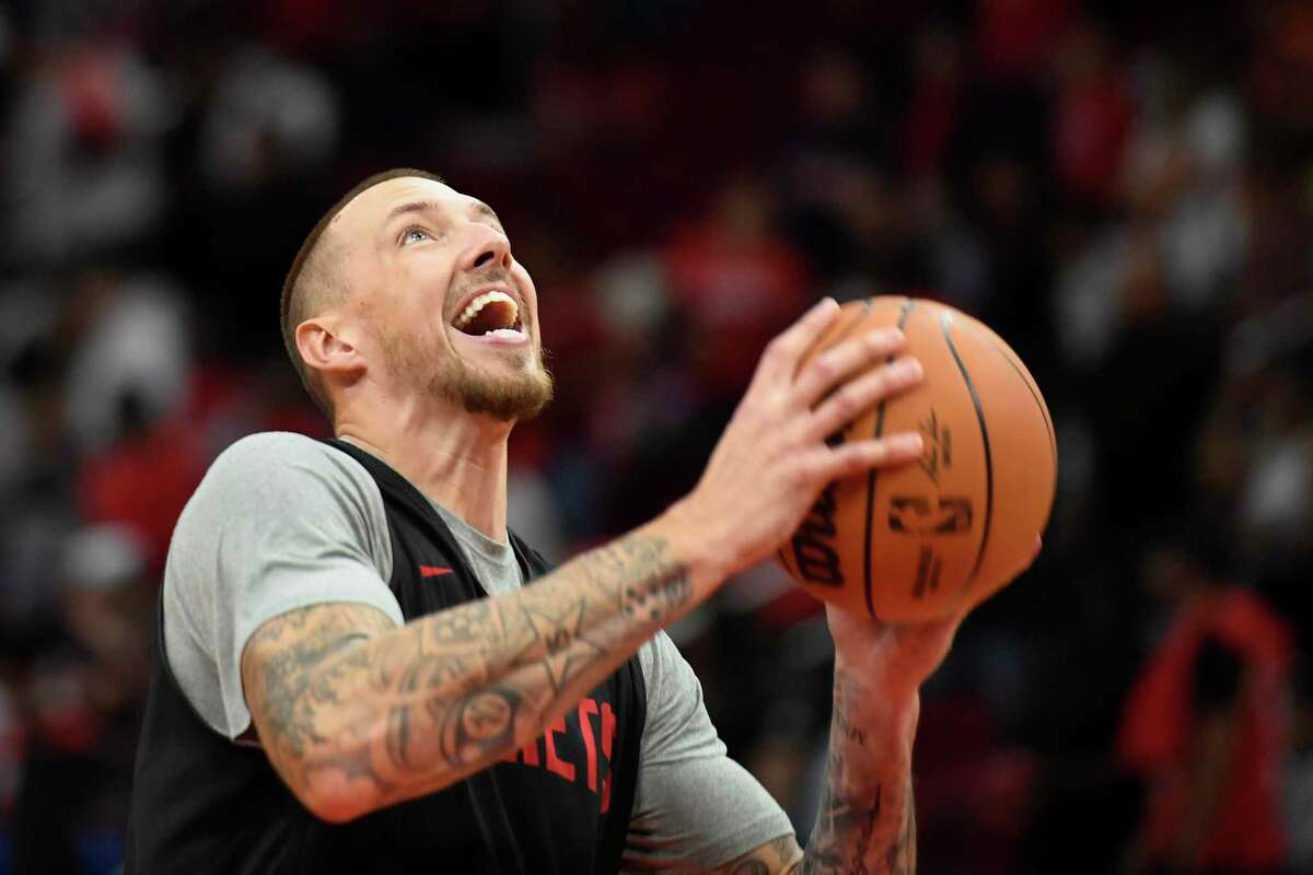 The Houston Rockets’ Daniel Theis practices during open practice in the Toyota Center on Saturday, Oct.16, 2021, in Houston, Texas.