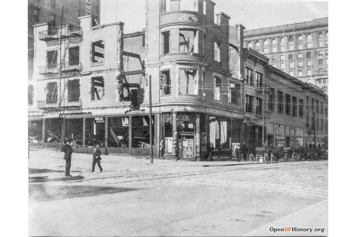Then Poodle Dog restaurant in ruins after the 1906 earthquake and fire. The restaurant was located at Eddy and Mason streets.