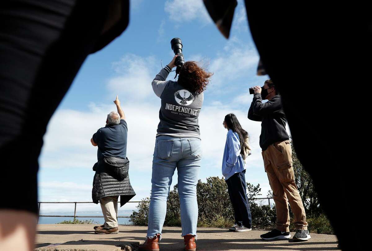 Independence High School principal Anastasia Klafter photographs a hawk as Golden Gate Raptor Observatory Director Allen Fish points skyward during a class bird-watching trip to Hawk Hill in Sausalito.