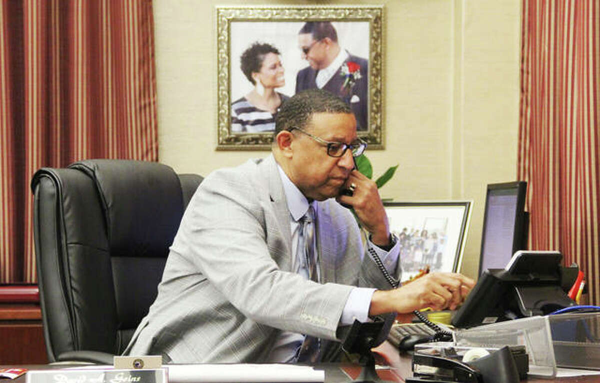 Alton Mayor David Goins pauses during a Friday interview to take a call in his office. Elected the city’s first Black mayor in April, he said there have been challenges but they are being dealt with head on.