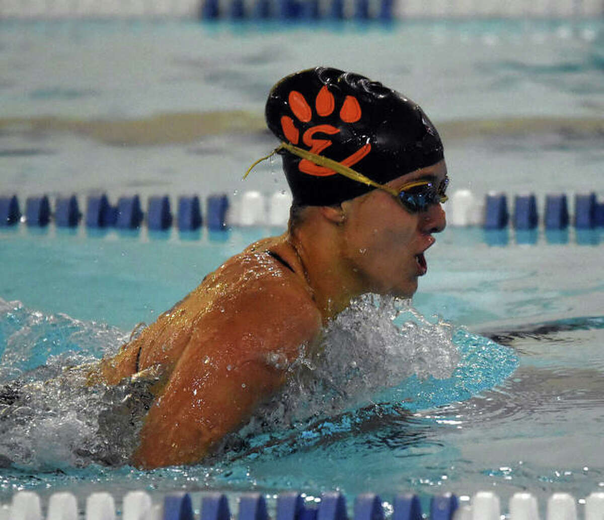 Edwardsville’s Ally Janson competes in the 100-yard breaststroke on Saturday at the Chuck Fruit Aquatic Center.