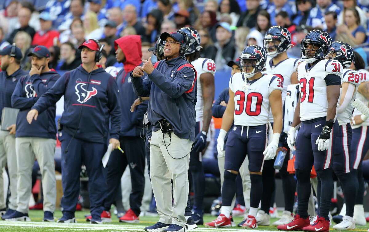 Houston Texans head coach David Culley reacts on the sidelines as the Texans take on the Indianapolis Colts at Lucas Oil Stadium in Indianapolis on Sunday, Oct. 17, 2021.