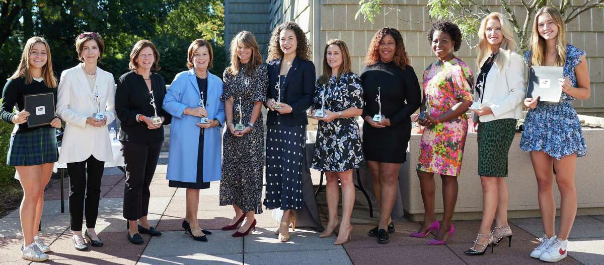 The 2021 YWCA Greenwich Women Who Inspire Award Winners are, from left: Lauren Harteveldt, Deirdre Shay Kamlani, Elaine Ubiña, Allison Wolowitz, Yonni Wattenmaker, Clarena McBeth, Wendy Block, Jacqueline Woods, Andrea Douglas, Anna Cerra and Ella Moore.