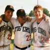 Edwardsville’s J.J. Scerba, right, celebrates with EHS coach Tom Pile, middle, and teammate Dave Slemmer after the Tigers won the Class AA state championship in 1990.