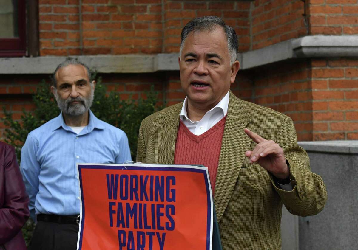 Ron Kim, Democratic challenger for Saratoga Mayor, comments on local GOP efforts to add their candidates under the Working Families Party line on Monday, Oct. 18, 2021, during a press conference outside City Hall in Saratoga Springs, N.Y.