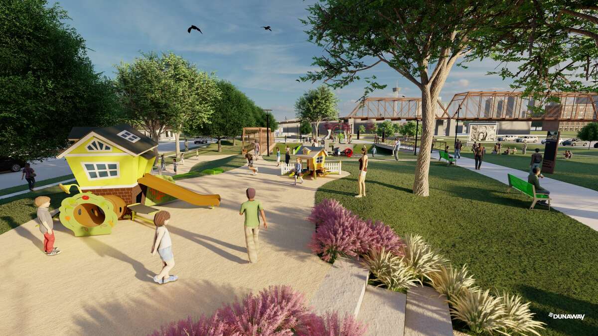 Rendering shows the proposed design plans for the new Berkly V. & Vincent M. Dawson Park near the Hays Street Bridge in San Antonio. 