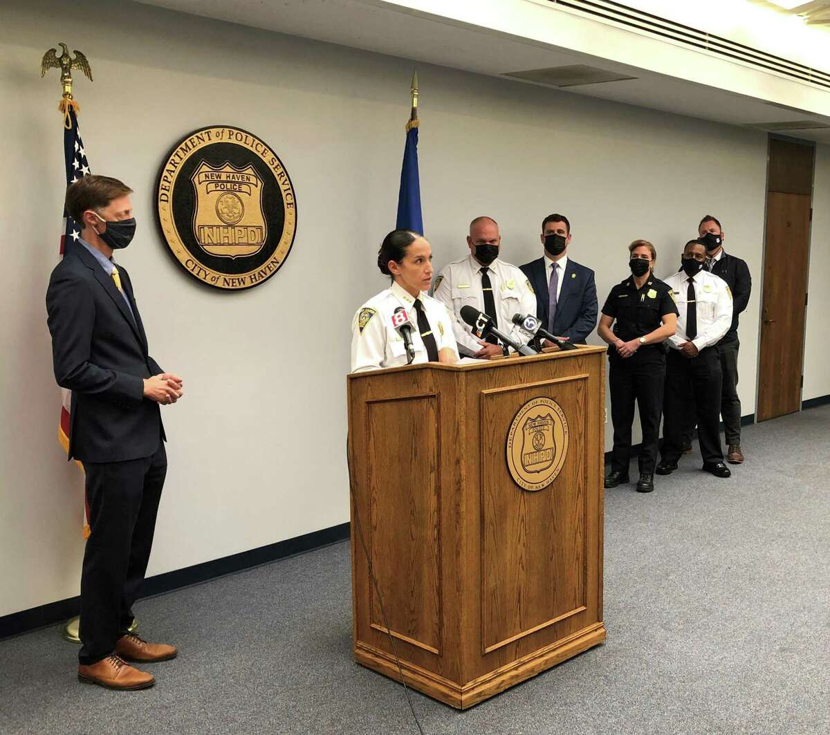 New Haven police Interim Chief Renee Dominguez speaks Monday at the city's weekly press conference on violence and policing issues.