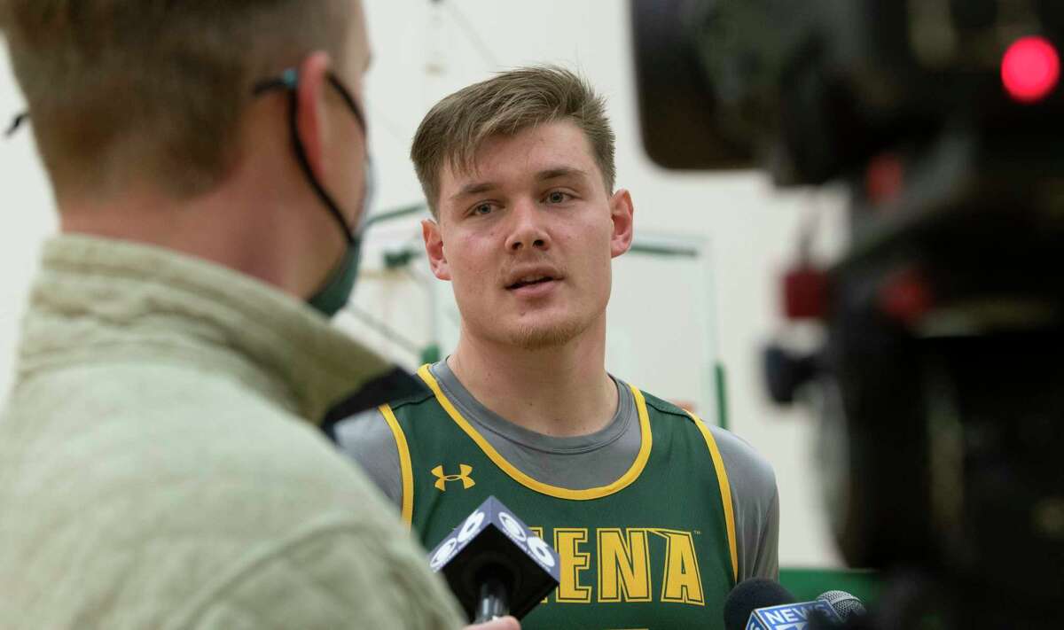 Siena basketball player Jackson Stormo speaks to the press as the Siena men's basketball team holds its media day at Siena College on Monday, Oct, 18, 2021 in Loudonville, N.Y.