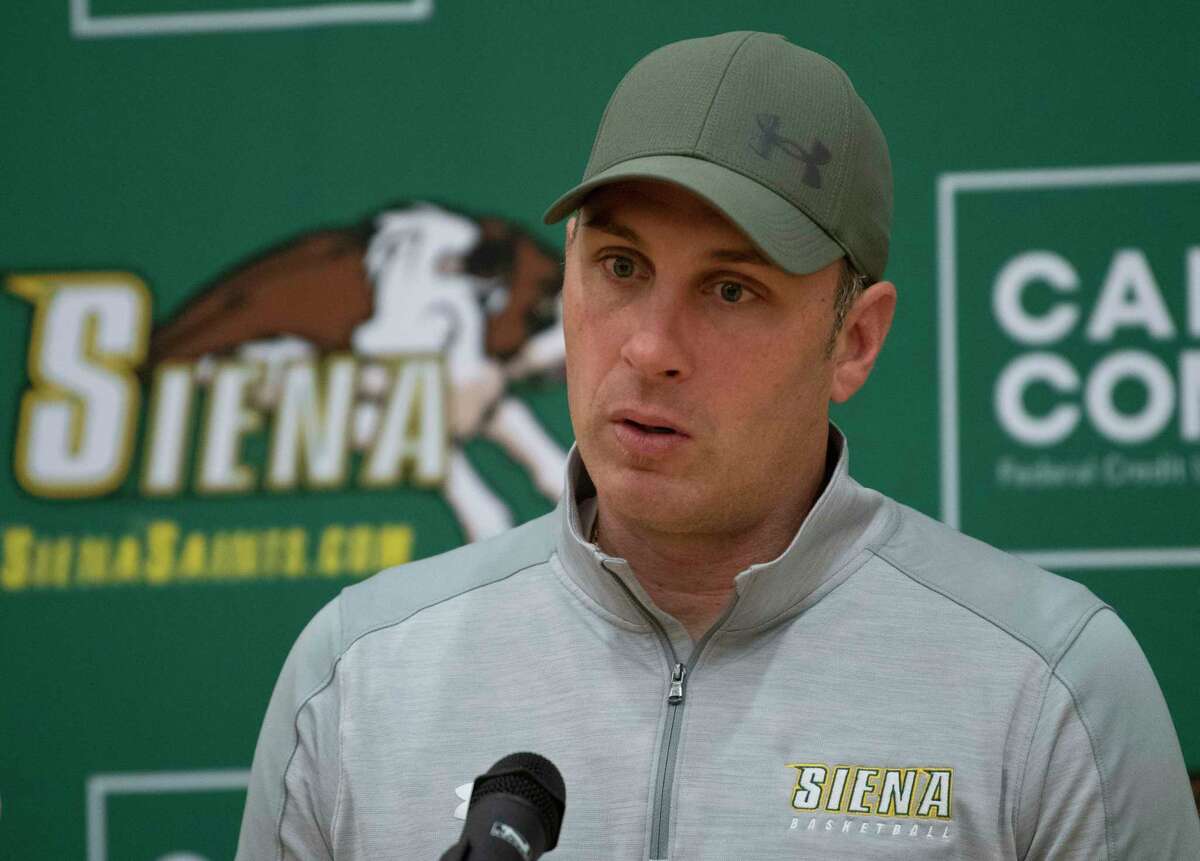 Siena coach Carmen Maciariello speaks to the press as the Siena men's basketball team holds its media day at Siena College on Monday, Oct, 18, 2021 in Loudonville, N.Y.
