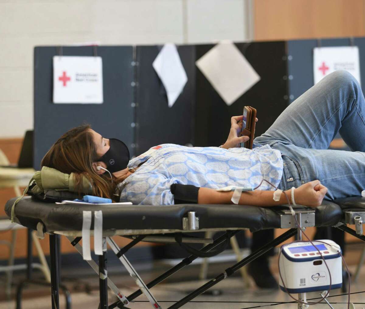 Darien's Allison Gasvoda donates blood during the blood drive at First Presbyterian Church in Stamford, Conn. Monday, Oct. 18, 2021. The next Stamford blood drive will be held at Archangels Greek Orthodox Church on Saturday, Oct. 23.