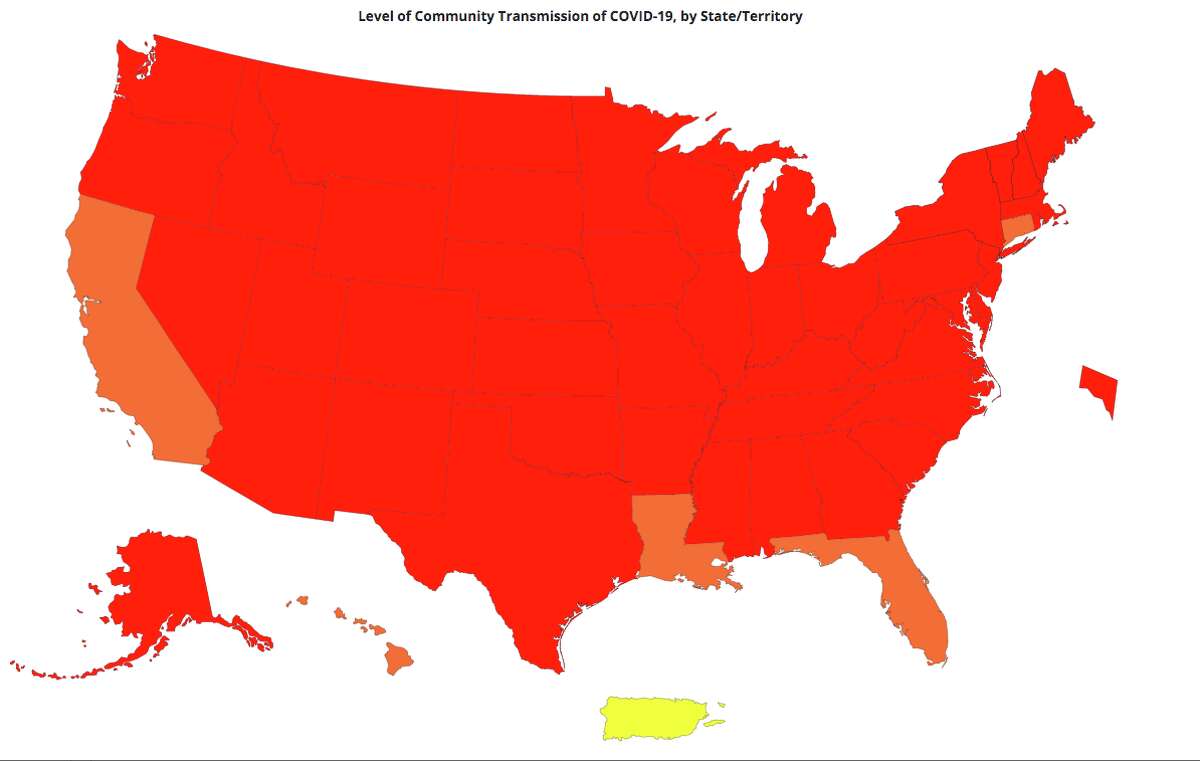 California was in the yellow and later the orange in the Centers for Disease Control and Prevention's COVID data tracker on Oct. 19, 2021.