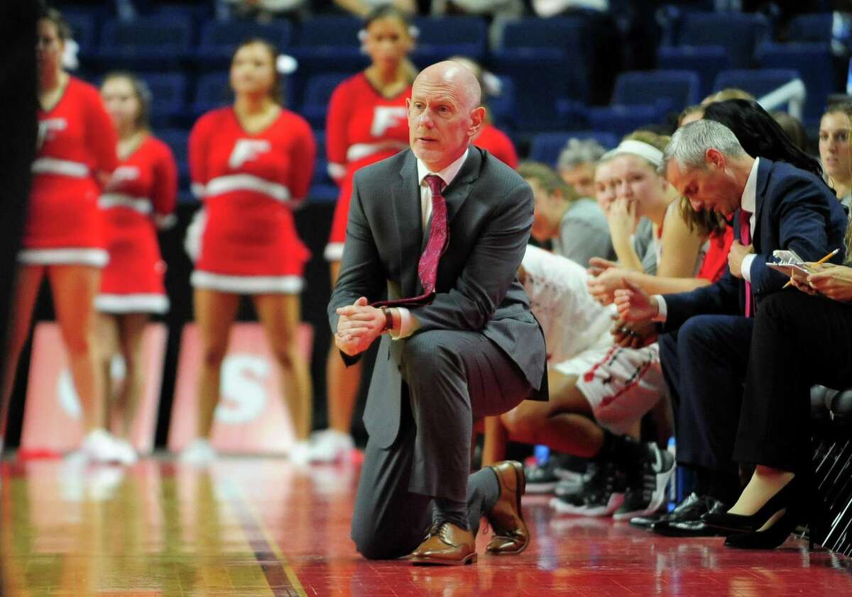 Fairfield University Head Coach Joe Frager during women's college basketball action against Sacred Heart University at the Webster Bank Arena in Bridgeport, Conn. on Friday Nov. 11, 2016.