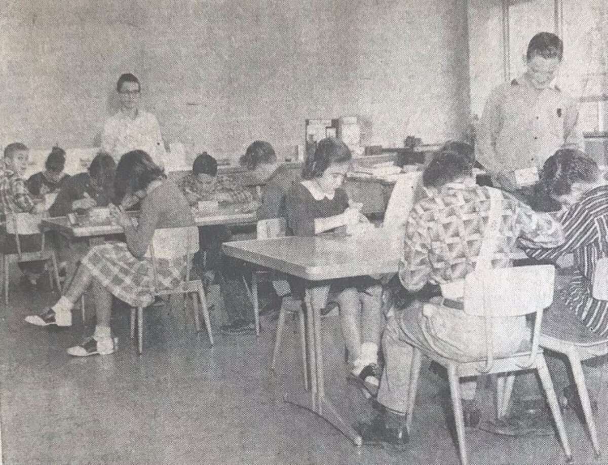 Sixth grade students at Longview Elementary in the new arts and crafts room in the school's new addition. January 1958