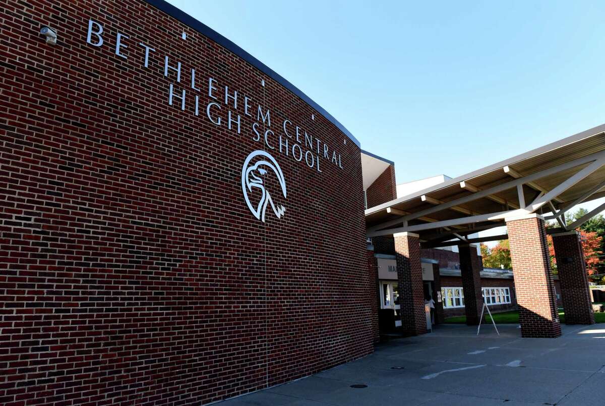 Exterior of Bethlehem High School on Tuesday, Oct. 19, 2021, in Bethlehem, N.Y. A student was charged with making a terroristic threat the week before Thanksgiving 2021.