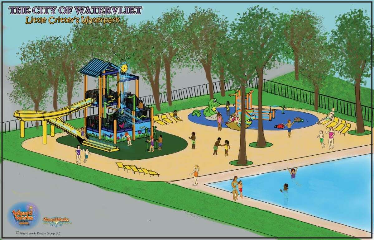 Rendering of the city of Waterviiet's planned Little Critter's Waterpark to be built at the south end of the Veterans Memorial  Swimming Pool on Second Avenue in Watervliet, N.Y.