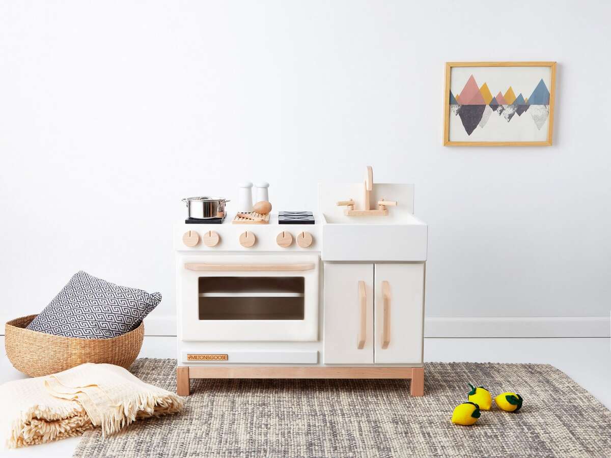 Wood kitchen set from Milton & Goose, the toy manufacturer that relocated its operations from Lancaster, Pennsylvania to Monroe, Connecticut.