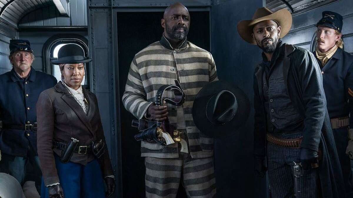 From left (in forefront), Oscar winner Regina King, Golden Globe winner Idris Elba and Oscar nominee LaKeith Stanfield portray exaggerated versions of real-life historical figures in "The Harder They Fall," the new Netflix movie that combines Spaghetti Westerns, reggae music and often-ignored stories of Black cowboys and outlaws of the Old West. 