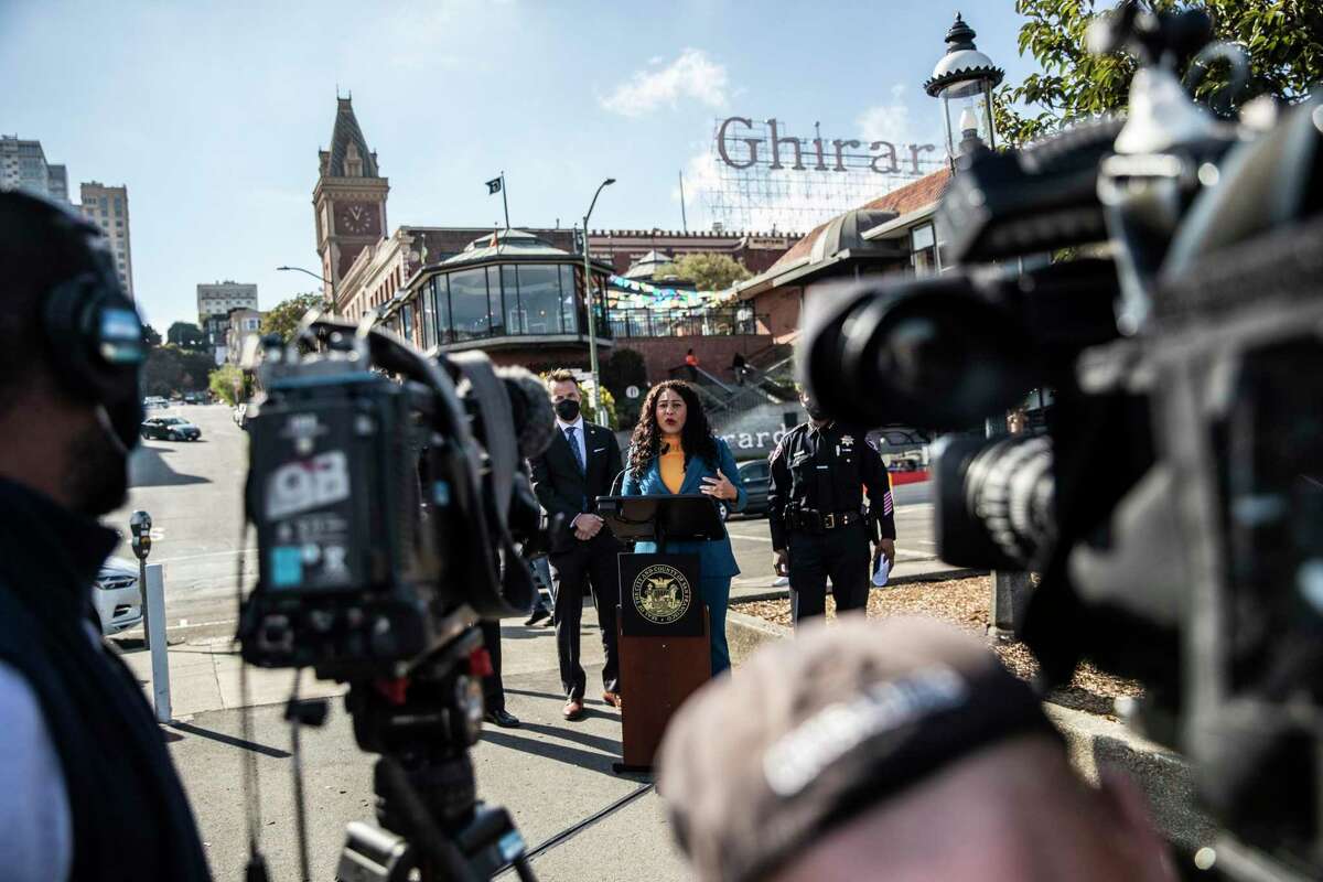 San Francisco Mayor London Breed speaks during a press conference announcing a new auto burglary deterrence incentive in front of Ghirardelli Square.