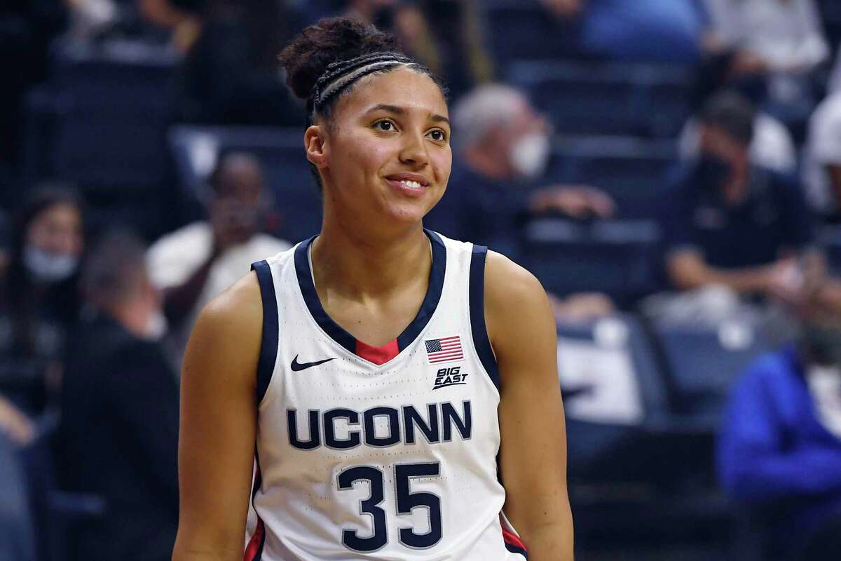 Connecticut's Azzi Fudd during UConn's men's and women's basketball teams annual First Night celebration, Friday, Oct. 15, 2021, in Storrs, Conn. (AP Photo/Jessica Hill)