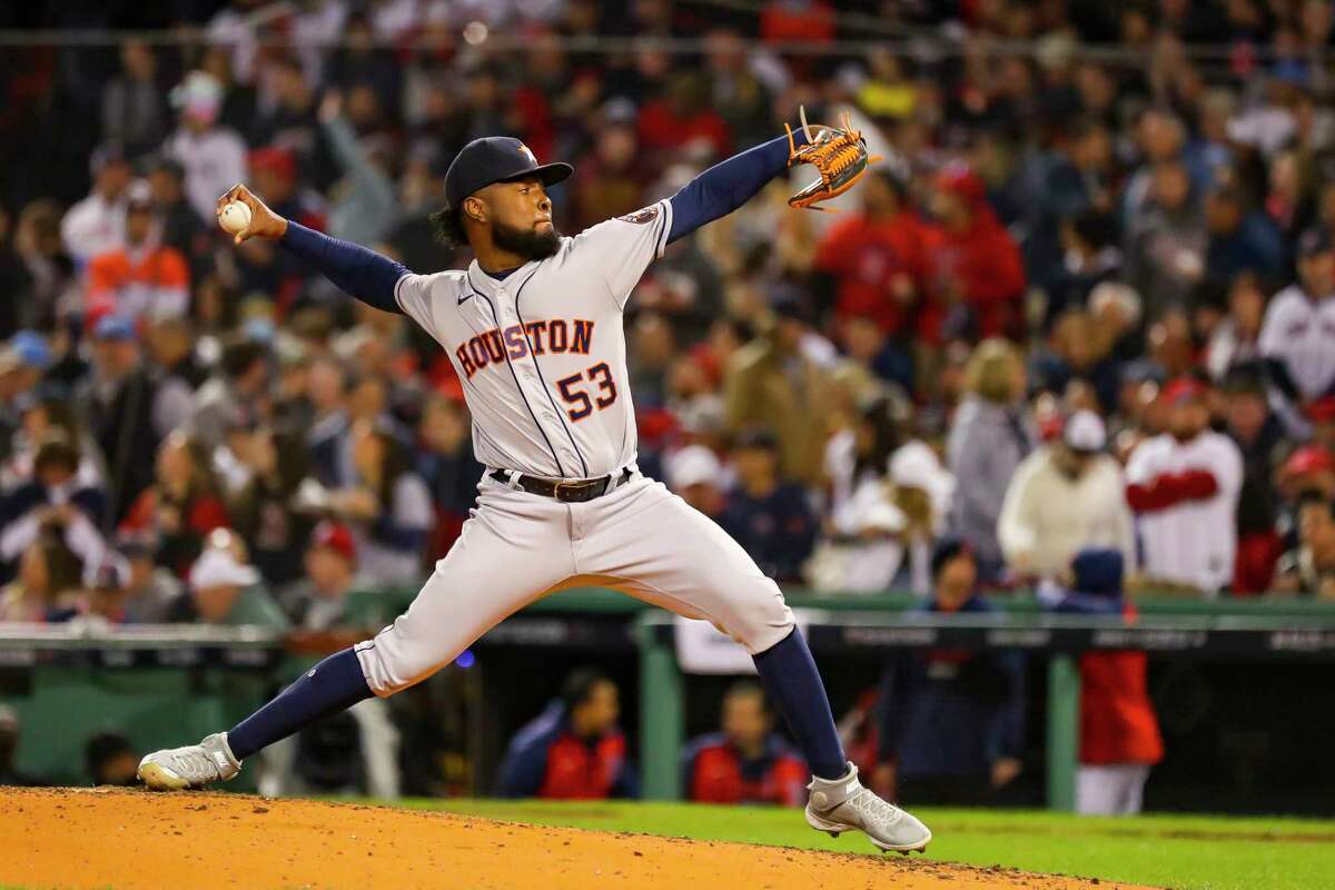 Houston Astros relief pitcher Cristian Javier (53) pitches to Boston Red Sox shortstop Xander Bogaerts (2) during the third inning in Game 4 of the American League Championship Series on Tuesday, Oct. 19, 2021, at Fenway Park in Boston.