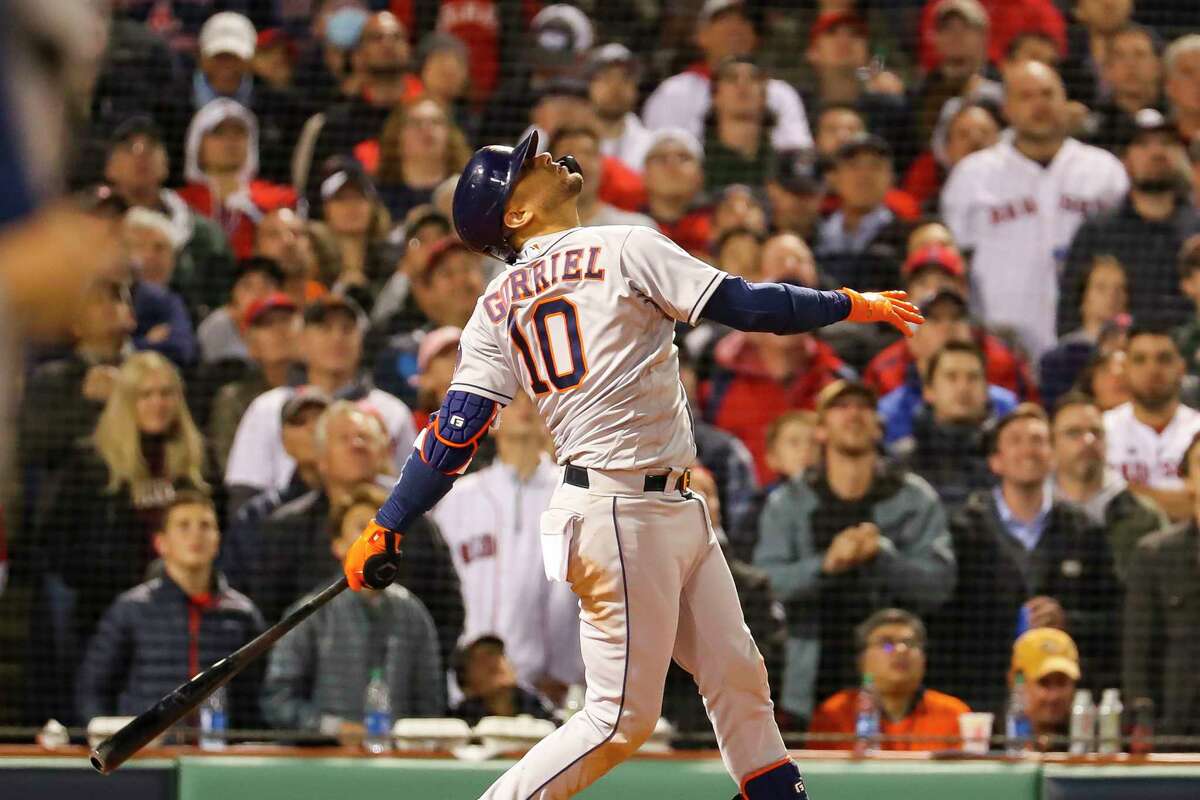 Houston Astros first baseman Yuli Gurriel (10) pops out during the fourth inning in Game 4 of the American League Championship Series on Tuesday, Oct. 19, 2021, at Fenway Park in Boston.
