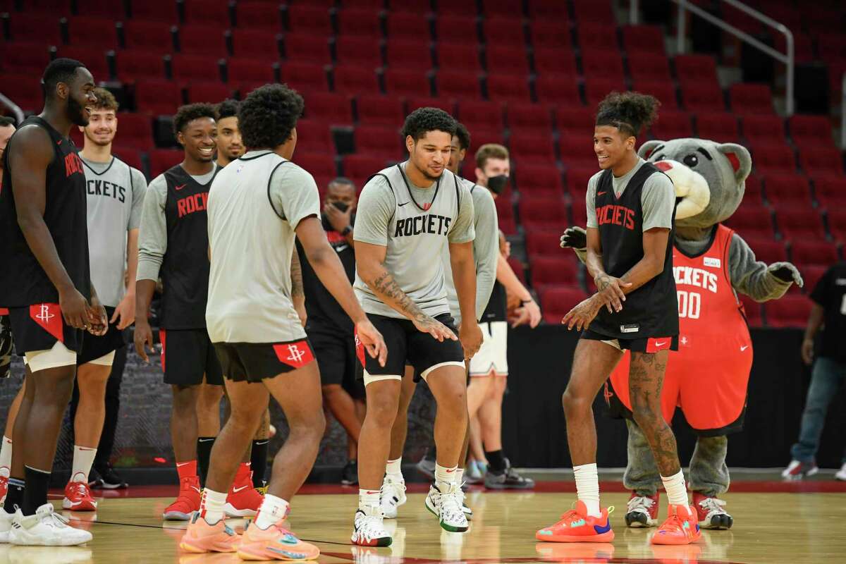 The young Houston Rockets players have a dance competition for fans during open practice in the Toyota Center on Saturday, Oct.16, 2021, in Houston, Texas.