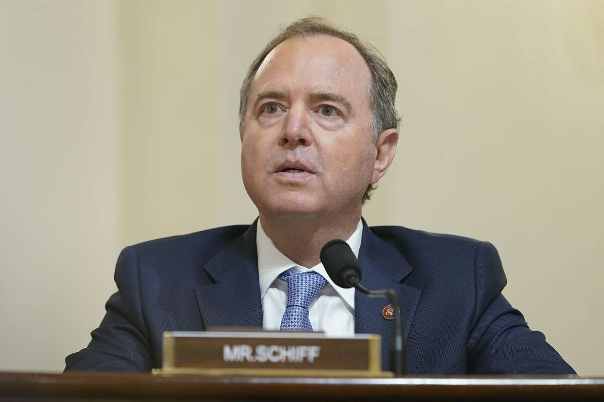 FILE - In this July 27, 2021, file photo, Rep. Adam Schiff, D-Calif., questions witnesses during the House select committee hearing on the Jan. 6 attack on Capitol Hill in Washington. Schiff, who rose to national prominence leading the first President Donald Trump impeachment and probing Russian election interference, sees nothing less that democracy at stake with the former president's his continued presence on the national political stage. (AP Photo/ Andrew Harnik, Pool, File)