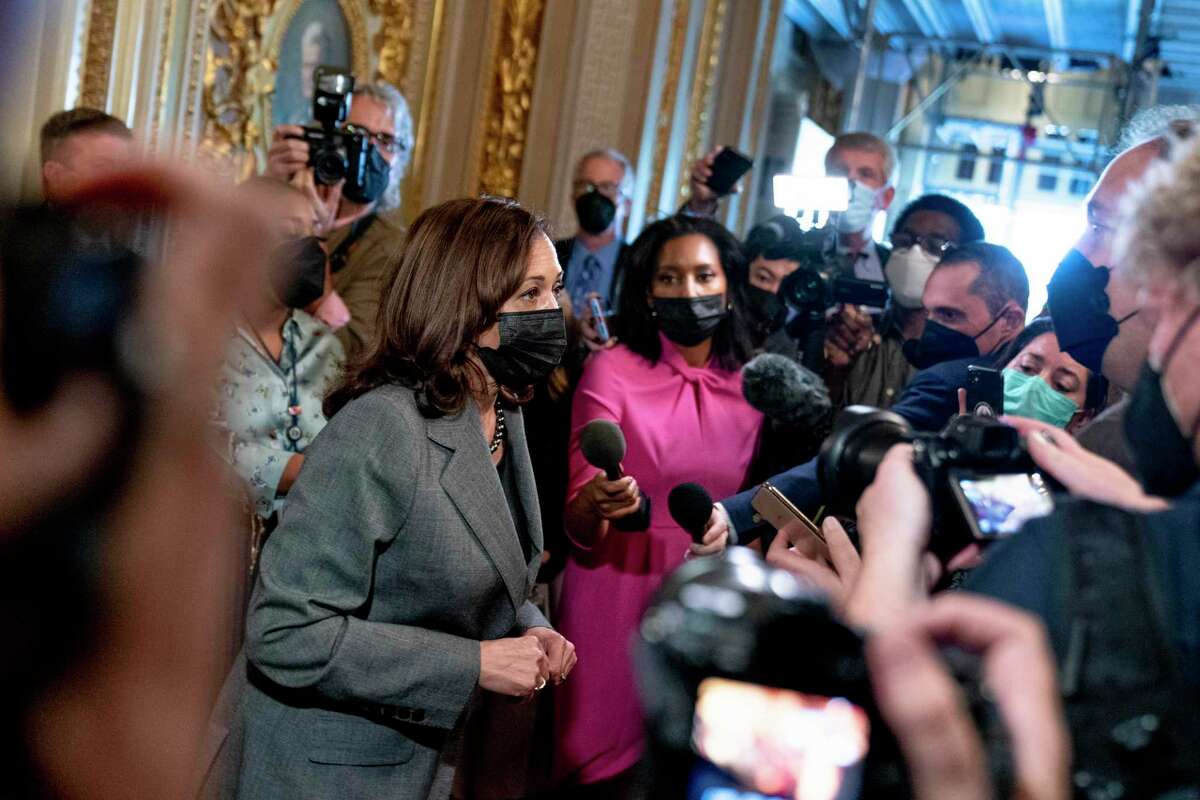 Vice President Kamala Harris speaks to reporters outside the Senate Chamber after a voting rights bill failed to pass the Senate in Washington on Wednesday. (AP Photo/Andrew Harnik)