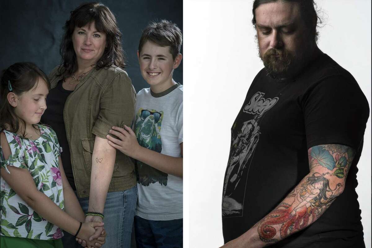 Left: Katie Bromley, 45, of Pleasanton, got her tattoo at O Tattoo Studio in Oakland in June, choosing to go there, in part, because "it's a women-owned business." "When the kids were really young I would draw a small heart on their hands when I dropped them off to kindergarten or preschool. I think we still did it in first and second grade actually," she said. "I finally decided to have a heart drawn by each of them tattooed on my inner arm."; Right: Alex Cortez, 39, of Alameda, scheduled his octopus mermaid tattoo at Tattoo City in San Francisco's North Beach four months before he was actually able to get it due to changing COVID-19 mandates. "I had been exceedingly careful all winter, always masking and following social distancing guidelines, and I know Jen and the rest of the gang at Tattoo City were extremely careful, too," said Cortez. "I'm so happy with my tattoo and I'm ready to go back and get tattooed again."