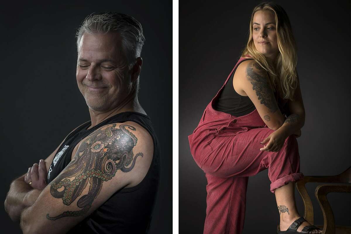 Left: "I did back and forth design work over the phone and over Zoom," recalled Marin resident John Meyers. "When the shops opened back up, we were ready to go." Meyers, 54, got his strikingly colored octopus tattoo at a shop in San Francisco. "It was one of those things where you're shut in for a long time, and you're thinking about doing things that for a long time you couldn't, and when shops opened back up, I was like, 'Let's do it!'"; Right: Marina Misculin, 32, from San Francisco, got two new tattoos - a Spongebob head with spider legs, and a balloon animal with the words "Heavy is the head that wears the crown" - from the artist flash at Undergrnd on Mission Street in mid-February.