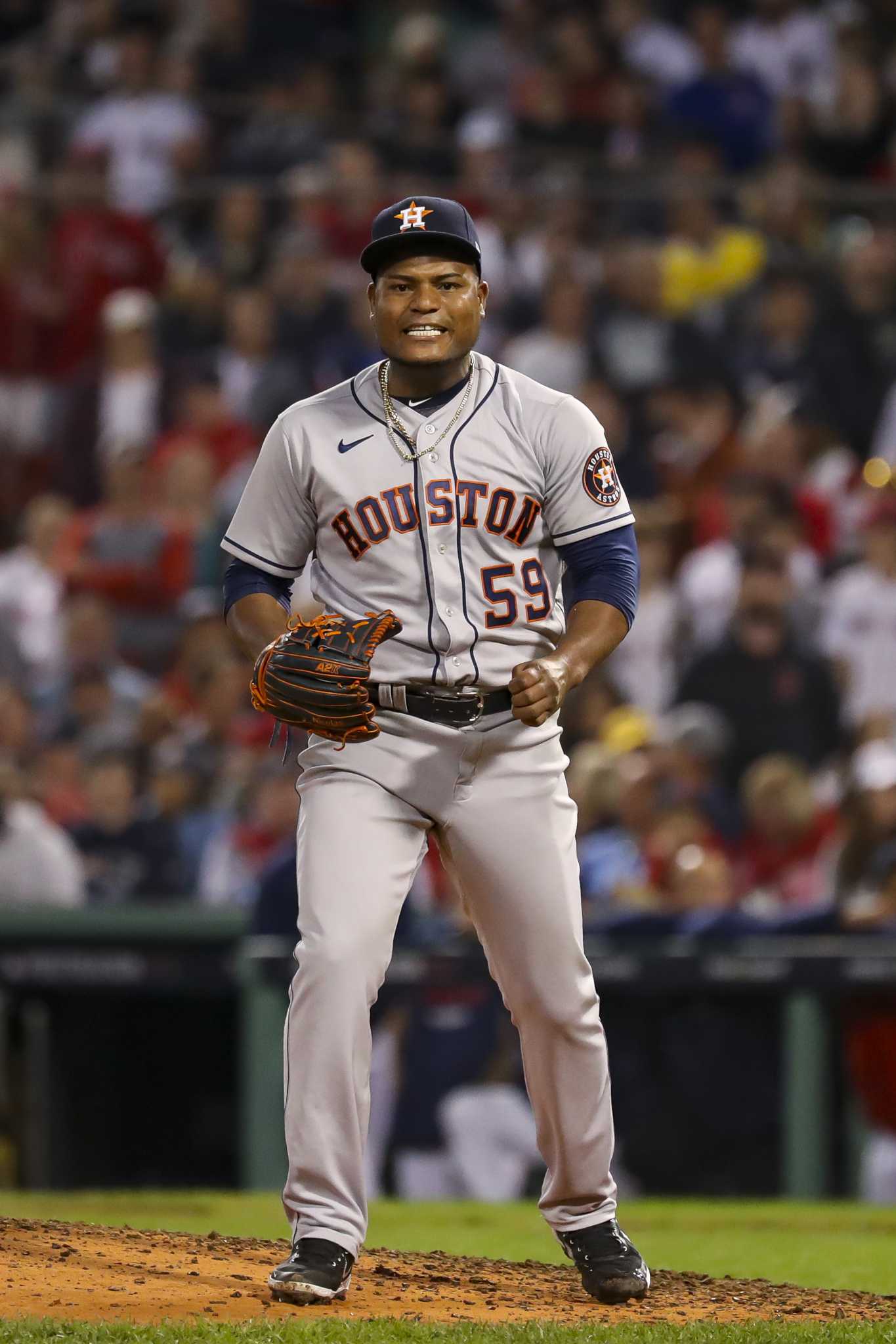 Houston Astros pitcher Framber Valdez signs autographs before Game