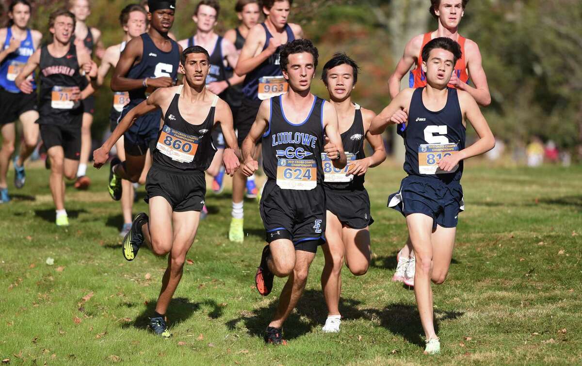 From left, Trumbull’s Mohammed Abunar (860), Ludlowe’s Nathan Cramer (624), Trumbull’s Bronson Vo (867) and Staples’ Zachary Taubman (816) at the front of the pack during the FCIAC boys cross country championship in New Canaan's Waveny Park on Wednesday, Oct. 20.