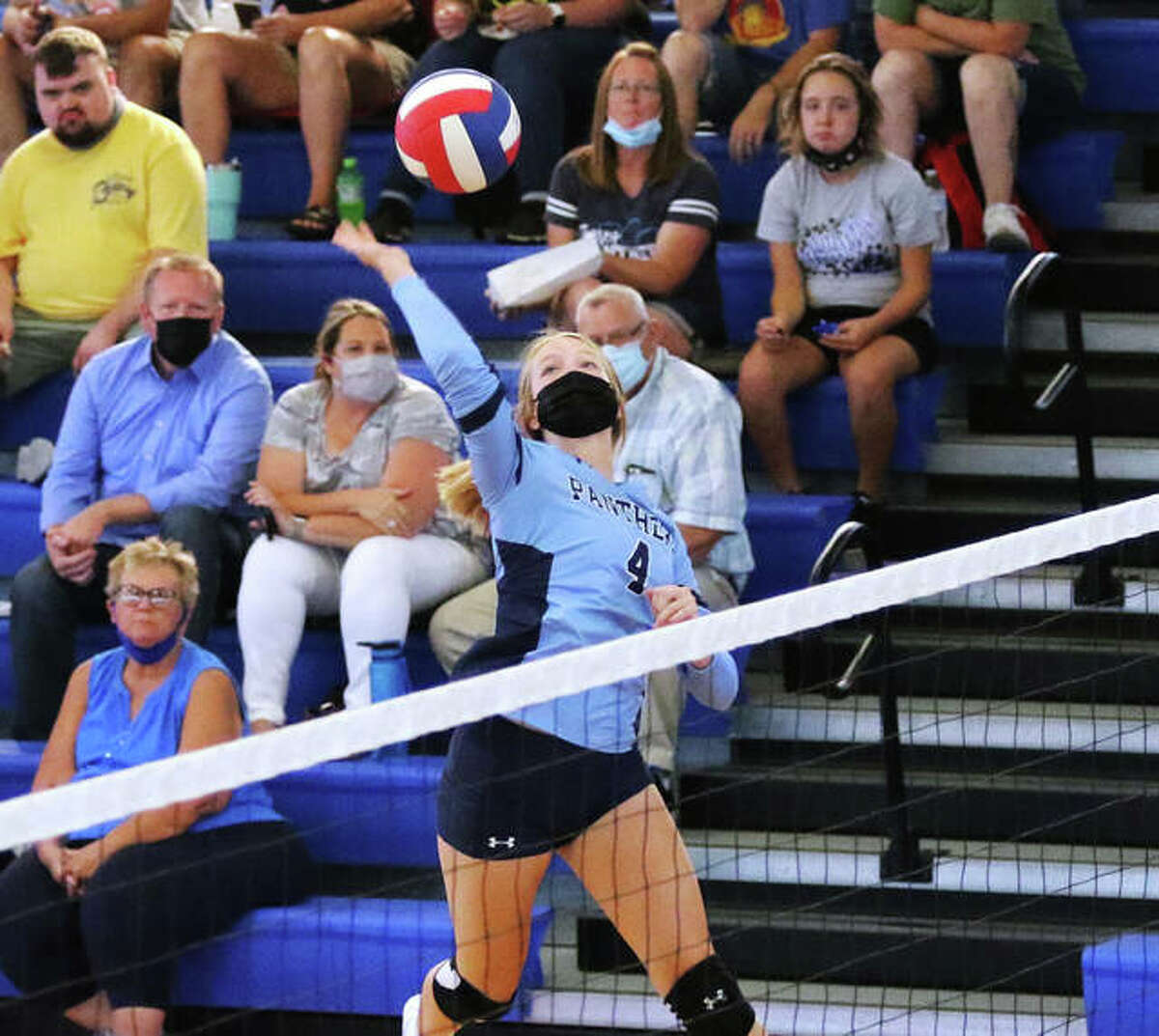 Jersey’s Kari Krueger, shown attacking during the Roxana Tourney in August, had 11 kills in the Panthers’ three-set win over Calhoun on Wednesday in Jerseyville.