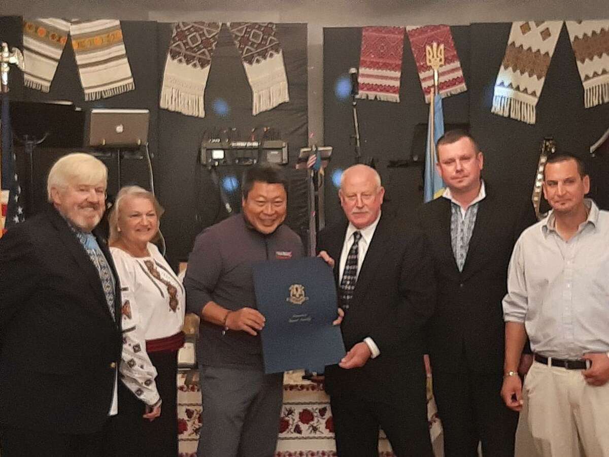 The Ukrainian American Club of Southport, recently honored its centennial anniversary. From left: Paul Lytwyn, the club’s anniversary committee chairman and former club president, committee member Romanna Czerepacha; state Sen. Tony Hwang, (R-28); Club President Mike Gudzik, former Club President Roman Stanislavsky, and Vice President George Wanat.