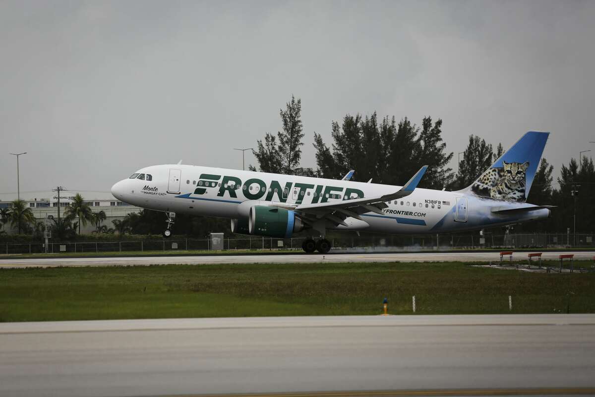 A Frontier Airlines airplane lands at Miami International Airport on June 16, 2021. Frontier Airlines begins direct service to Atlanta and Raleigh-Durham on May 26 out of Stewart Airport.