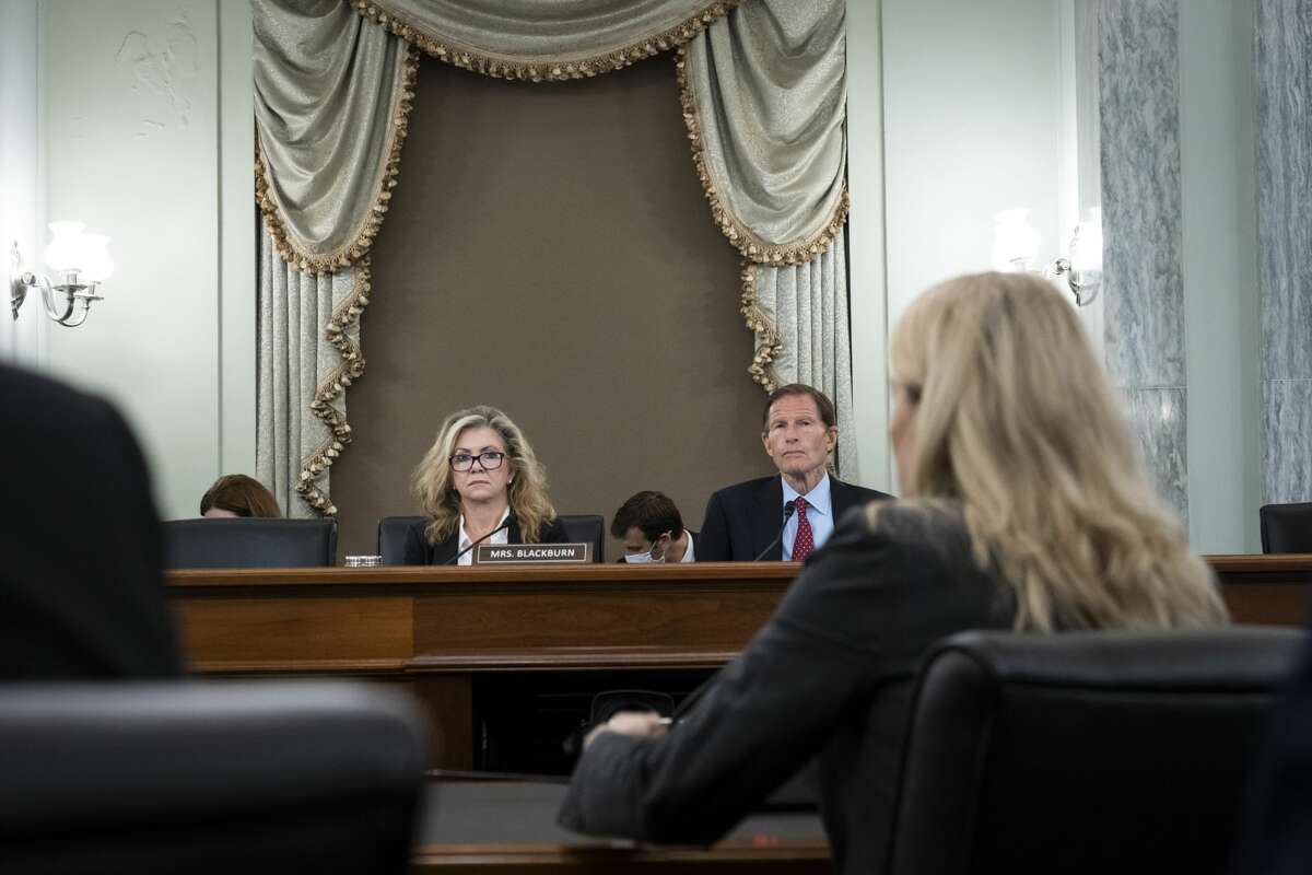 Subcommittee ranking member Sen. Marsha Blackburn, R-Tennessee, and subcommittee chairman Sen. Richard Blumenthal, D-Connecticut, listen Oct. 5 on Capitol Hill in Washington, D.C., during a Senate Committee on Commerce, Science and Transportation hearing.