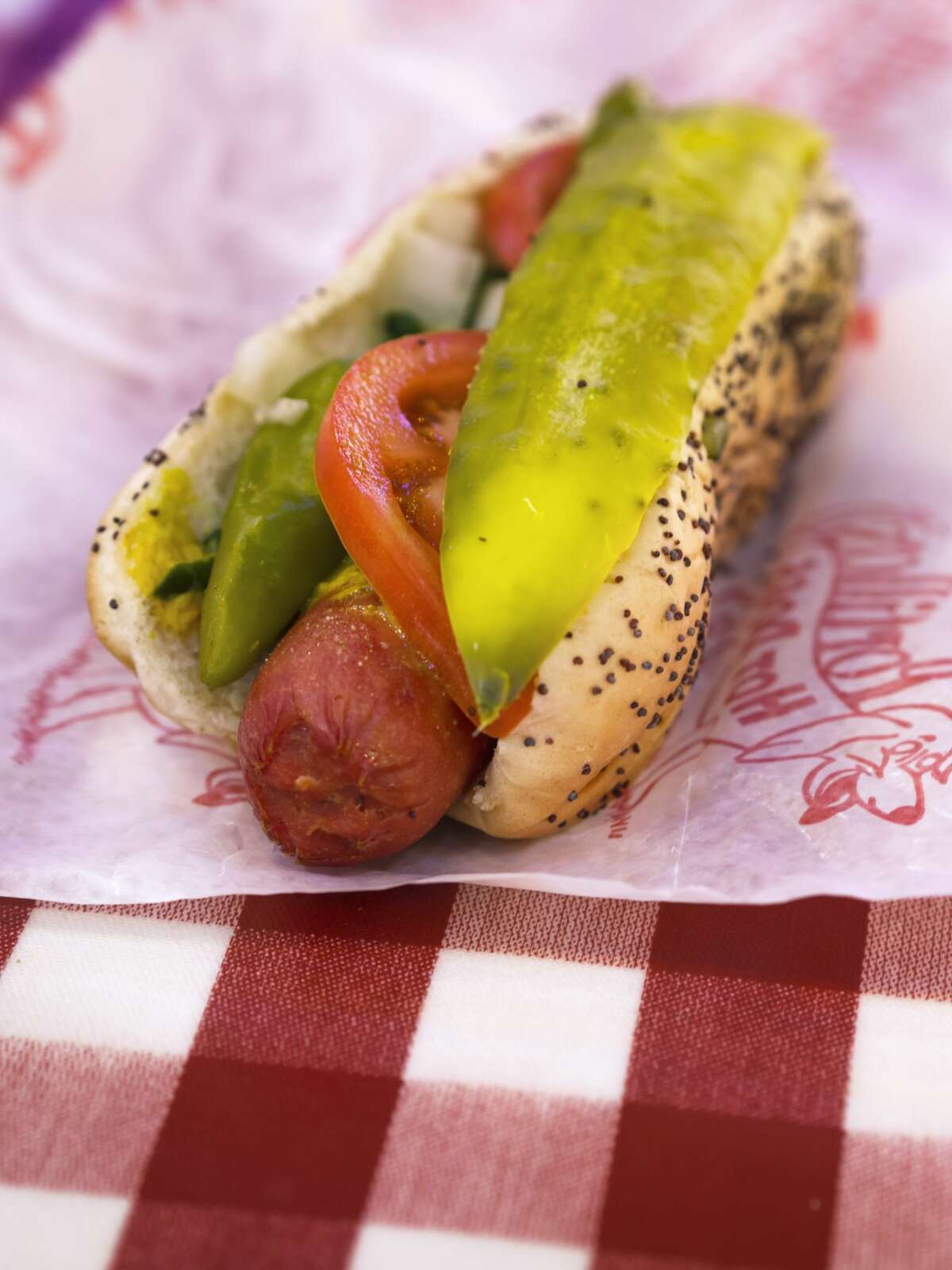 A jumbo hotdog in Portillo's, a popular 1930s gangster themed restaurant in Chicago.