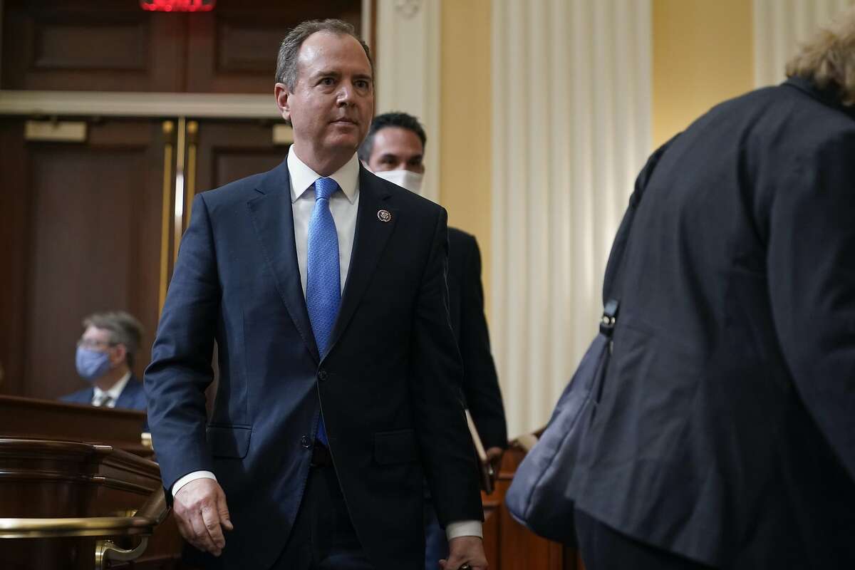 Rep. Adam Schiff, D-Calif., arrives as the House select committee tasked with investigating the Jan. 6 attack on the U.S. Capitol meets to hold Steve Bannon, one of former President Donald Trump's allies in contempt, on Capitol Hill in Washington, Tuesday, Oct. 19, 2021. (AP Photo/J. Scott Applewhite)