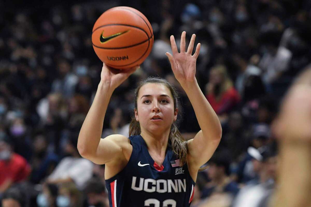 Connecticut's Caroline Ducharme during UConn's men's and women's basketball teams annual First Night celebration, Friday, Oct. 15, 2021 in Storrs, Conn. (AP Photo/Jessica Hill)