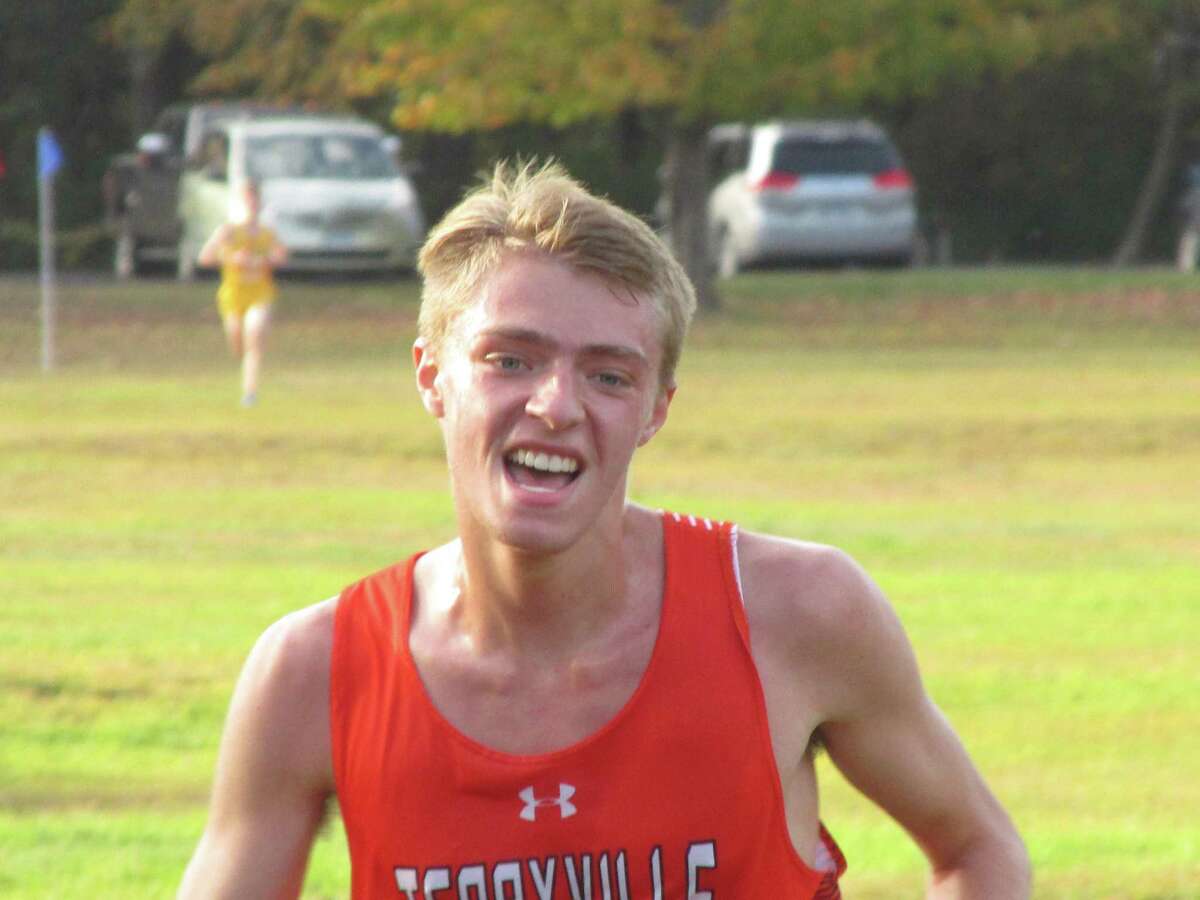 Terryville’s Nick Fusco crosses the finish line first at Thursday’s Berkshire League Cross Country Championships at Thomaston’s Black Rock State Park.