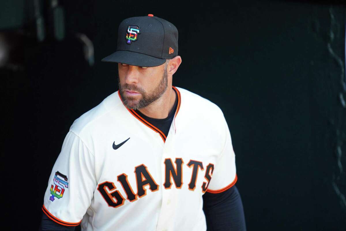 SAN FRANCISCO, CA - JUNE 05: Manager Gabe Kapler #19 of the San Francisco Giants is seen in a special Pride colors uniform before the game between the Chicago Cubs and the San Francisco Giants at Oracle Park on Saturday, June 5, 2021 in San Francisco, California. (Photo by Daniel Shirey/MLB Photos via Getty Images)