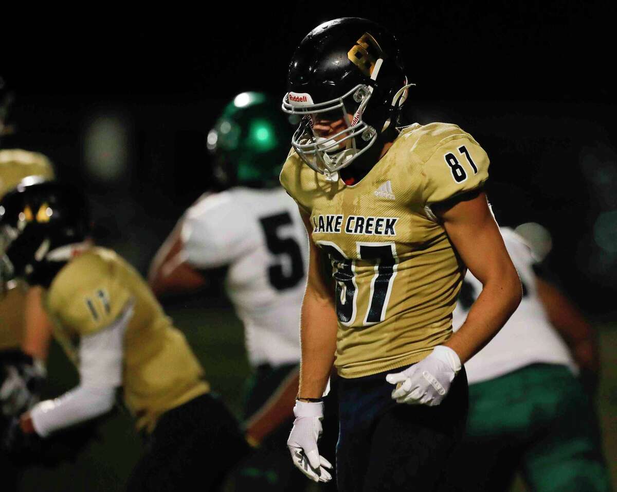 Lake Creek wide receiver Kolbey Wisnieske (87) reacts after a Huntsville safety during the second quarter of a District 10-5A (Div. II) high school football game at MISD Stadium, Thursday, Oct. 21, 2021, in Montgomery.
