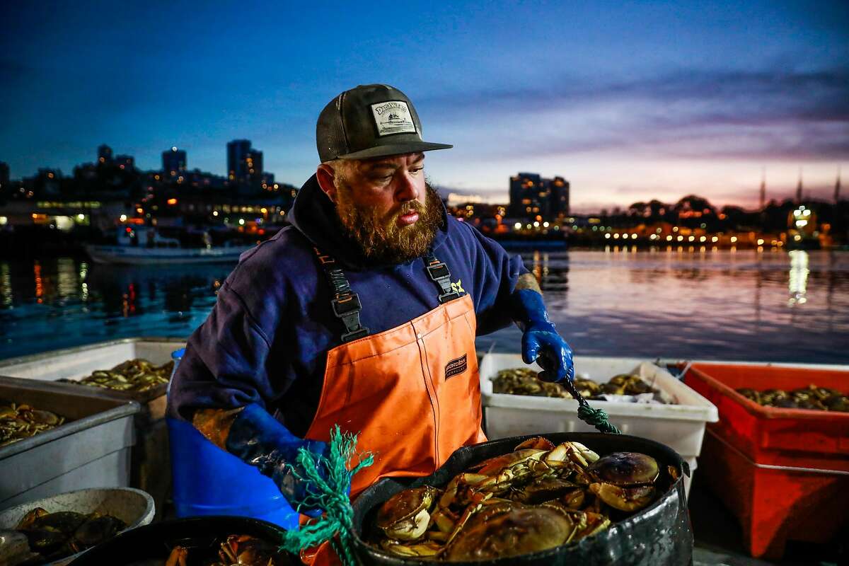 Fisherman Jake Wilson caries a bucket of Dungeness crab as he hauls it ashore at Fisherman's Wharf on Pier 45 in San Francisco, California, on Sunday, Dec. 15, 2019.