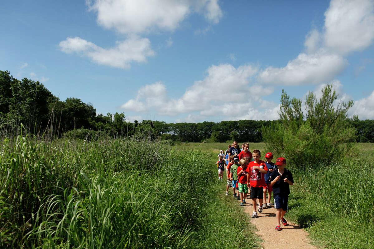 Campers and monitors head to the swamp to look for and listen to cricket frogs at the Cibolo Nature Center summer camp in Boerne.